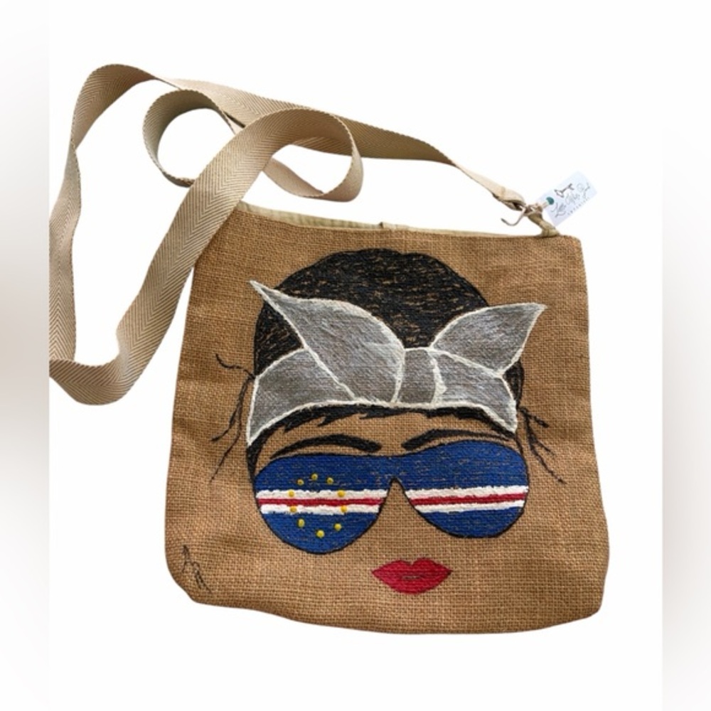 Beige Burlap Crossbody Bag with Sunglasses Face Motif